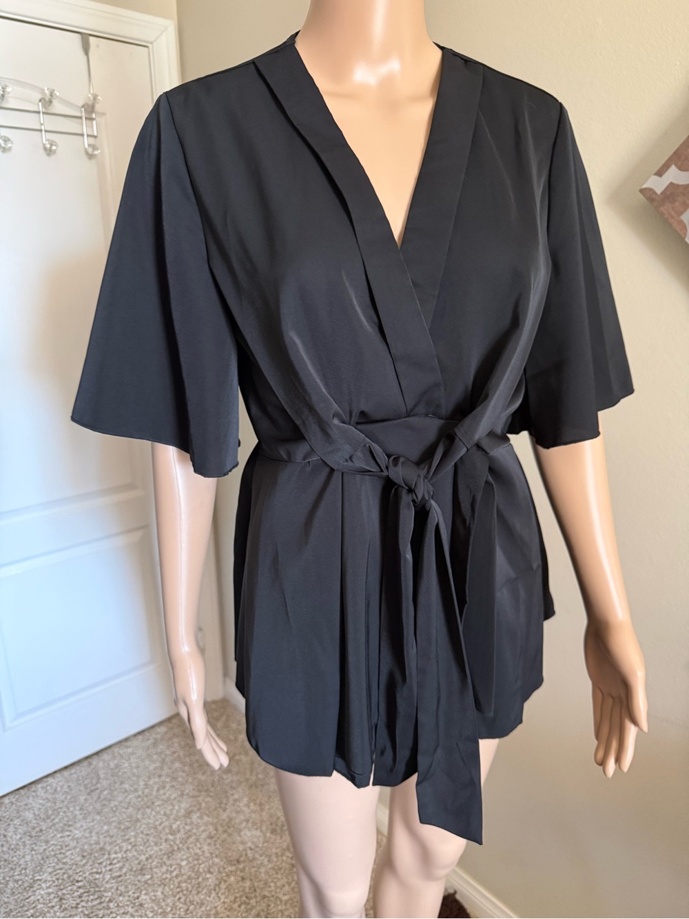 Women's Black Wrap Blouse with Tie Belt